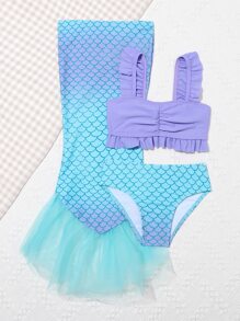 Young Girls Bikini Sets - Adorable Purple Mermaid Three-Piece Swimsuit Set. Features Knitted Fabric, Ruffle-Trimmed Separable Bikini Top & Bottom, And A Matching Detachable Fishtail Skirt. Fashionable, Casual, Yet Exquisite And Elegant Design. Perfect For Swimming, Summer Vacations, Beach Trips, Pool Parties, And Holiday Getaways. - Multicolor - View 4