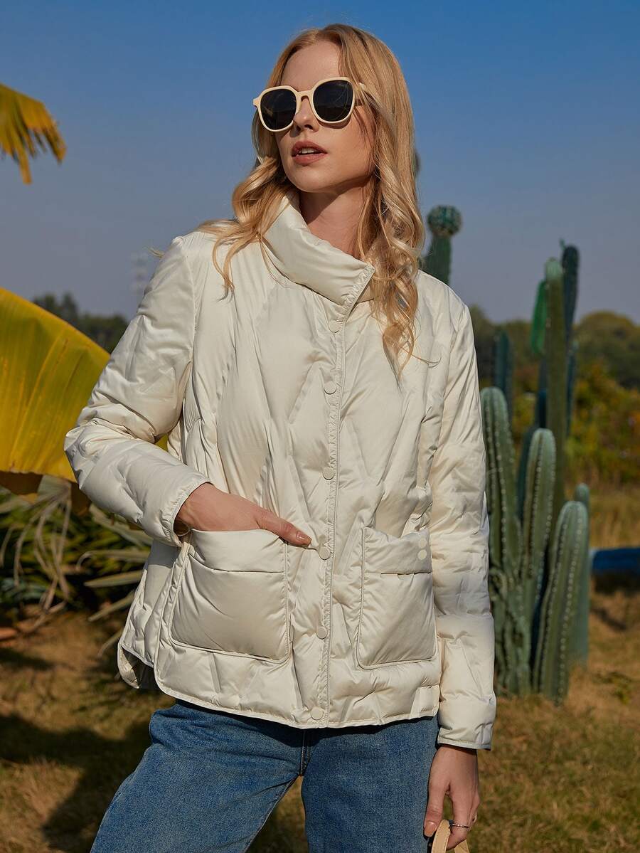 ZIAI Button Front Double Pocket Padded Coat - Beige - View 1