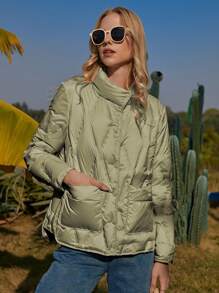 ZIAI Áo khoác nữ mùa đông Túi Nút phía trước màu trơn Giải trí - Màu xanh Bạc hà - Xem 1