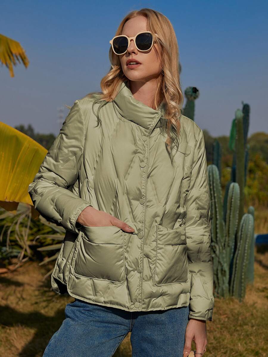 ZIAI Áo khoác nữ mùa đông Túi Nút phía trước màu trơn Giải trí - Màu xanh Bạc hà - Xem 1