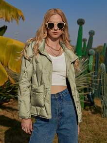 ZIAI Áo khoác nữ mùa đông Túi Nút phía trước màu trơn Giải trí - Màu xanh Bạc hà - Xem 3