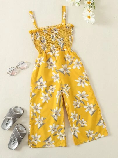 SHEIN Young Girl Floral Print Frill Shirred Cami Jumpsuit Summer Holiday
