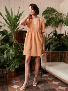 SHEIN Lace Trim Notch Neck Smock Dress - Coral Orange - View 4