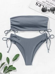 Rib Bandeau High Cut Bikini - Grey - View 3
