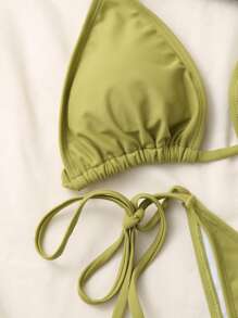 Halter Triangle Top & Tie Side Bikini Set, For Summer Beach Vacation - Olive Green - View 4