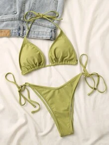 Halter Triangle Top & Tie Side Bikini Set, For Summer Beach Vacation - Olive Green - View 5
