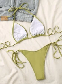 Halter Triangle Top & Tie Side Bikini Set, For Summer Beach Vacation - Olive Green - View 2
