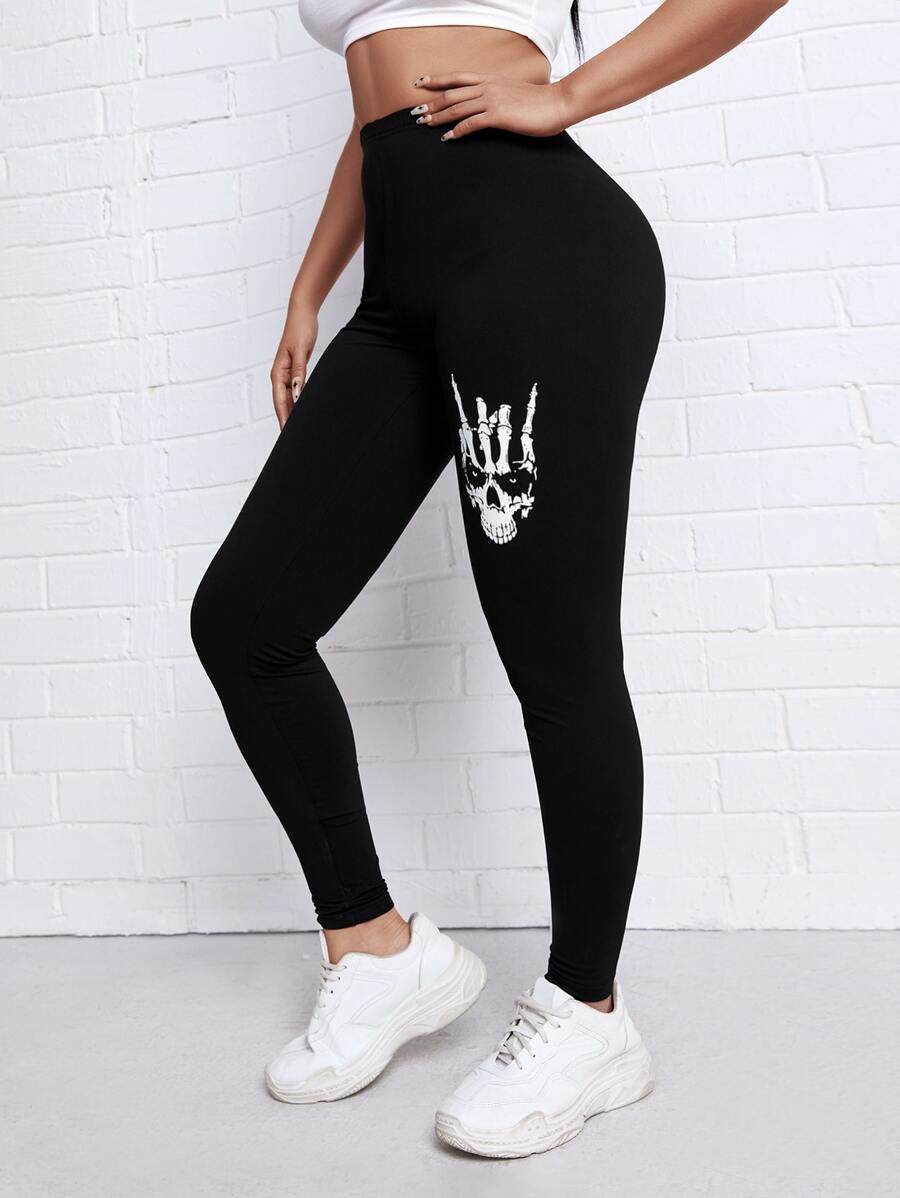 SHEIN Unity Skull Print High Waist Leggings - Black - View 1