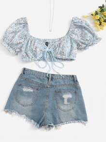 Soleia Áo nữ Thắt nơ trước Họa tiết hoa Boho - Màu xanh nhạt - Xem 1