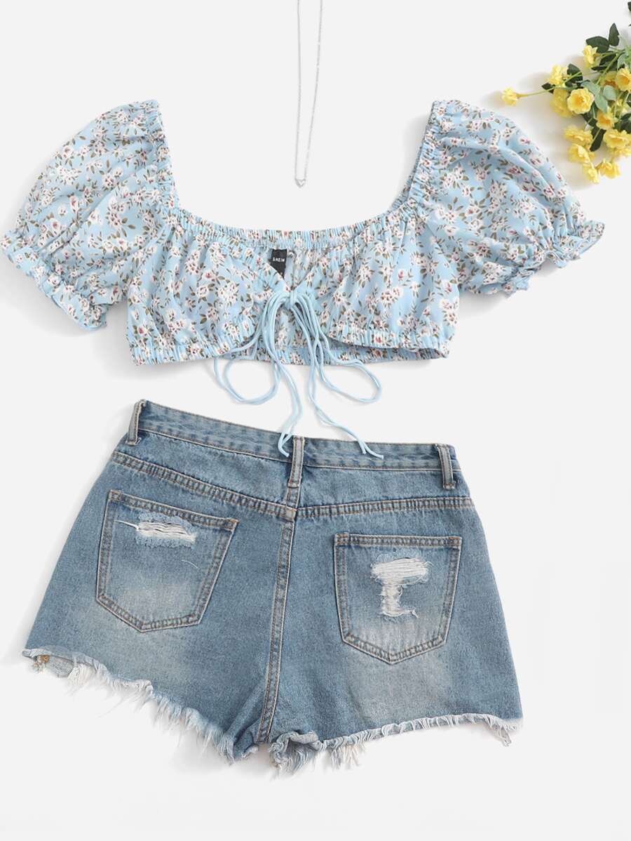 Soleia Áo nữ Thắt nơ trước Họa tiết hoa Boho - Màu xanh nhạt - Xem 1