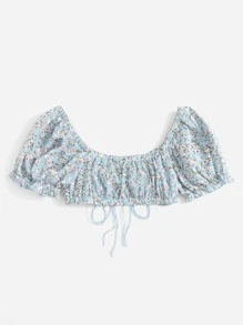 Soleia Áo nữ Thắt nơ trước Họa tiết hoa Boho - Màu xanh nhạt - Xem 2