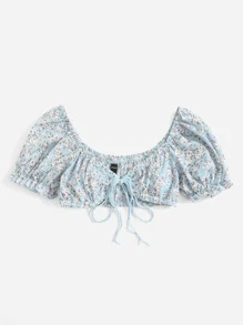Soleia Áo nữ Thắt nơ trước Họa tiết hoa Boho - Màu xanh nhạt - Xem 3