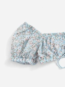 Soleia Áo nữ Thắt nơ trước Họa tiết hoa Boho - Màu xanh nhạt - Xem 4