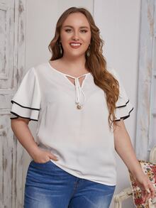SHEIN Plus Tie Neck Butterfly Sleeve Top - White - View 3