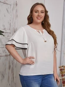 SHEIN Plus Tie Neck Butterfly Sleeve Top - White - View 4