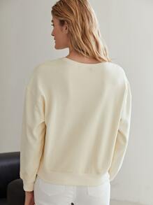 SHEIN Unity 刺繡落肩袖運動衫 - 米色 - 查看 3