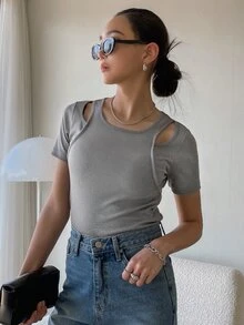 DAZY 二合一鏤空羅紋針織T恤 - 灰色 - 查看 8