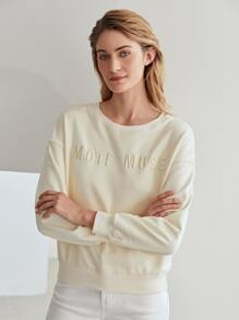 SHEIN Unity 刺繡落肩袖運動衫 - 米色 - 查看 4