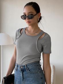 DAZY 二合一鏤空羅紋針織T恤 - 灰色 - 查看 10