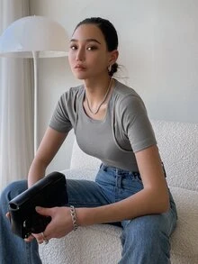 DAZY 二合一鏤空羅紋針織T恤 - 灰色 - 查看 11