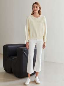 SHEIN Unity 刺繡落肩袖運動衫 - 米色 - 查看 6