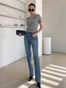 DAZY 二合一鏤空羅紋針織T恤 - 灰色 - 查看 9