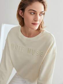 SHEIN Unity 刺繡落肩袖運動衫 - 米色 - 查看 9