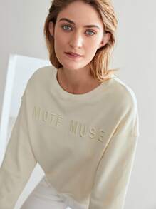 SHEIN Unity 刺繡落肩袖運動衫 - 米色 - 查看 11