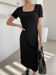 DAZY Square Neck Rib-Knit Dress Elegant Sundress
