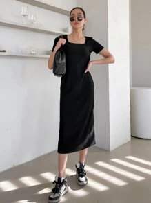 DAZY Square Neck Rib-Knit Dress Elegant Sundress