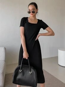 DAZY Square Neck Rib-Knit Dress Elegant Sundress