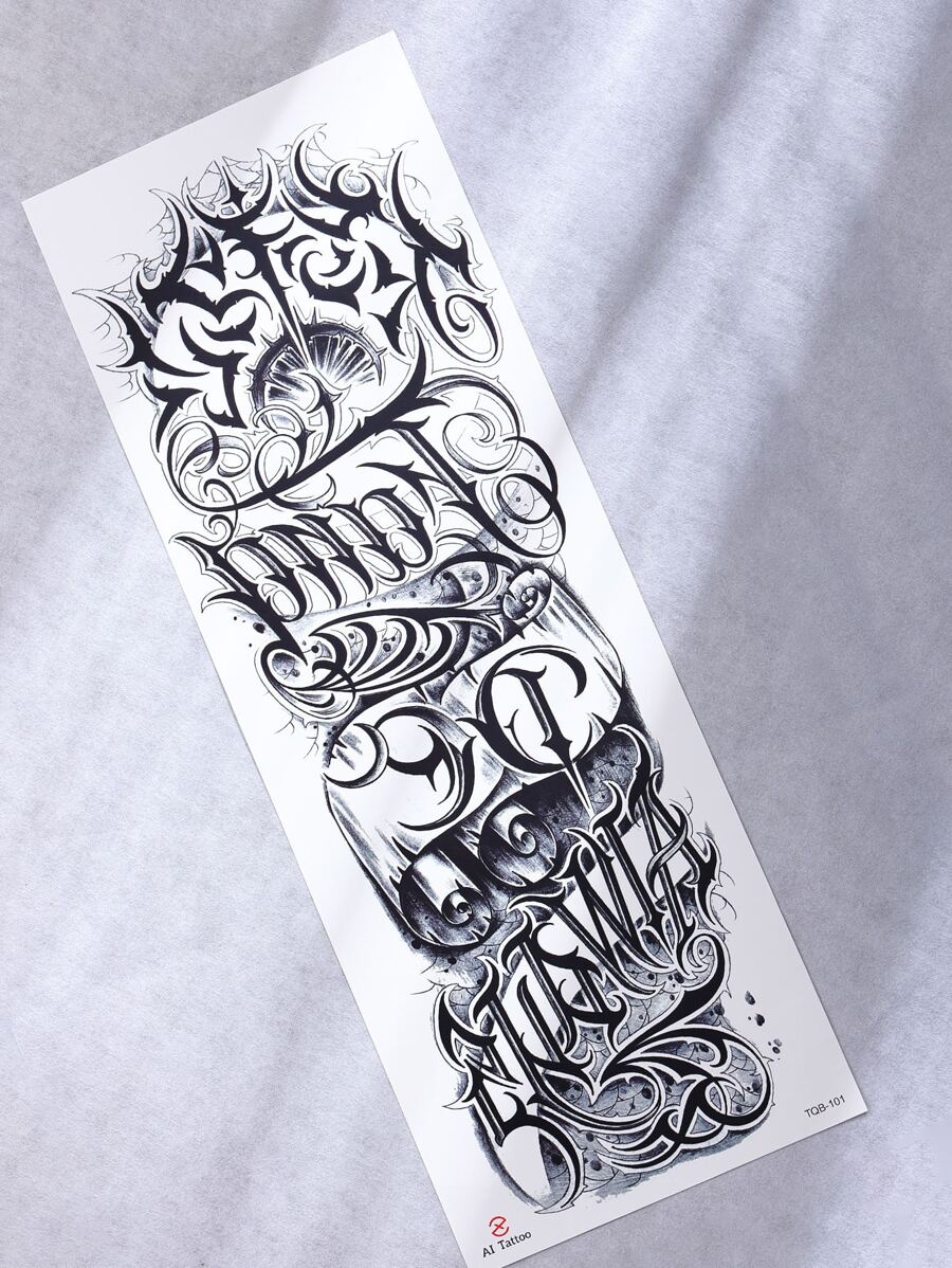 Beauty Sticker Pegatinas de tatuaje, 1 hoja de tatuajes temporales gráficos con letras para media manga del brazo para hombres y mujeres, pegatinas de tatuajes falsos con gráficos de letras para adultos, gráficos realistas de letras de tatuaje negro para mujeres y niñas