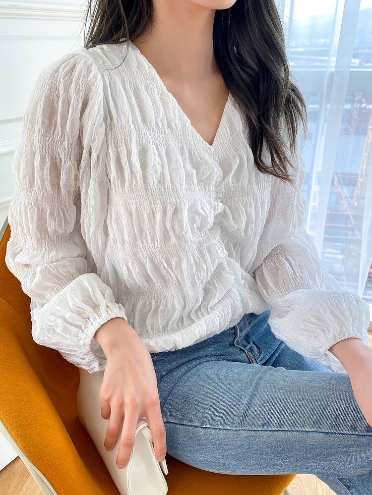 Shirred Bishop Sleeve Textured Blouse