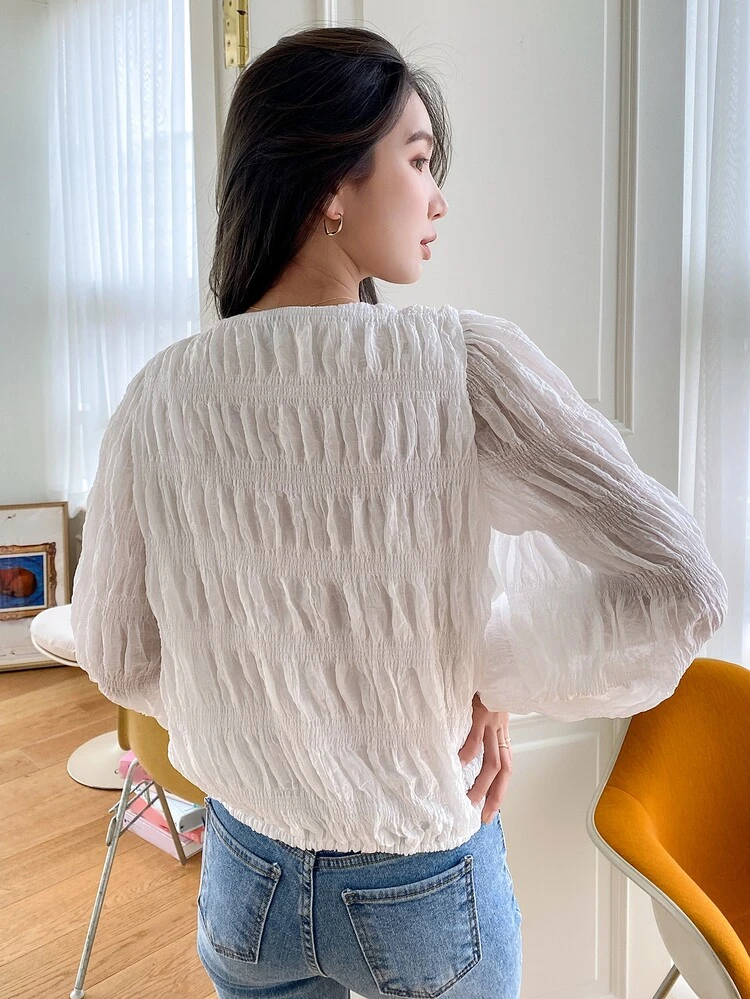 Shirred Bishop Sleeve Textured Blouse