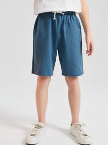 SHEIN 男孩含棉素色腰部抽繩短褲 - 霧霾藍 - 查看 1