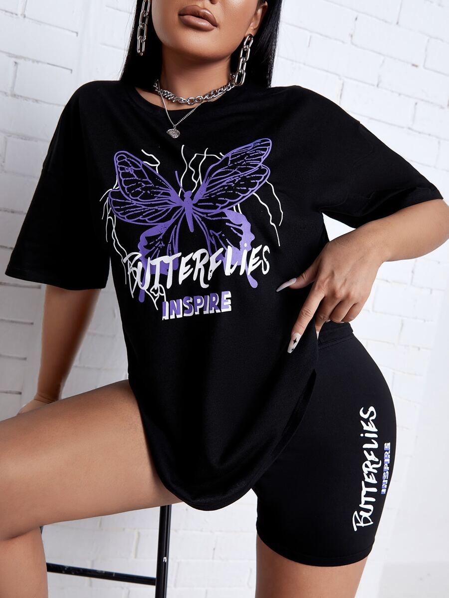 Zolique Butterfly & Letter Graphic Tee & Biker Shorts - Black - View 1