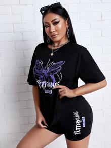 Zolique Butterfly & Letter Graphic Tee & Biker Shorts - Black - View 3