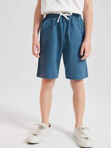 SHEIN 男孩含棉素色腰部抽繩短褲 - 霧霾藍 - 查看 4
