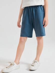 SHEIN 男孩含棉素色腰部抽繩短褲 - 霧霾藍 - 查看 5