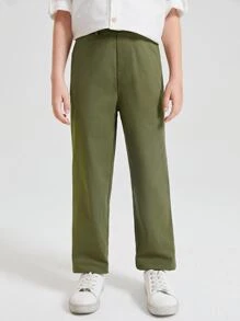 SHEIN Niños Pantalones con bolsillo oblicuo unicolor - Verde militar - Ver 1
