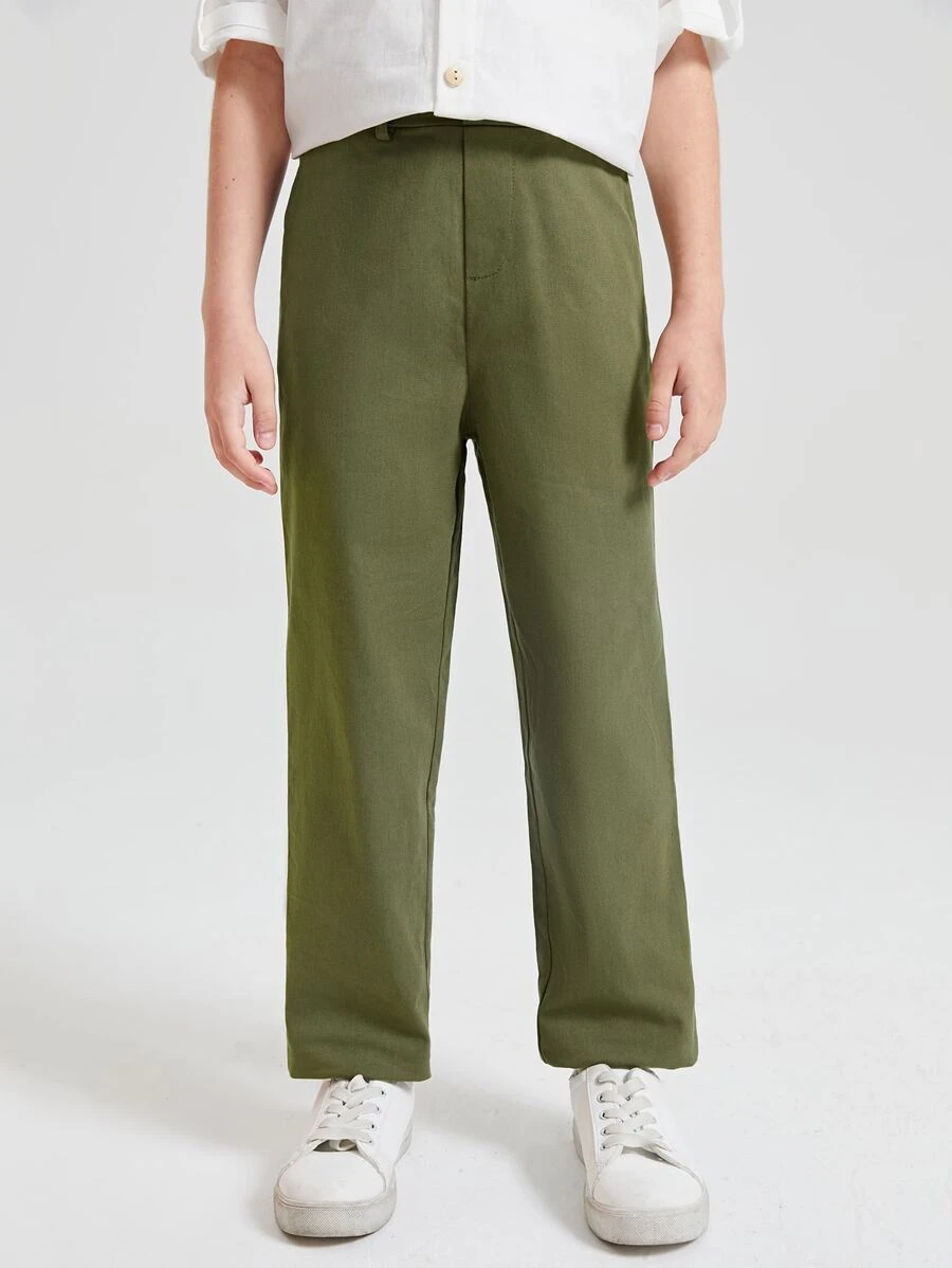 SHEIN Niños Pantalones con bolsillo oblicuo unicolor - Verde militar - Ver 1