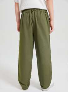 SHEIN Niños Pantalones con bolsillo oblicuo unicolor - Verde militar - Ver 2
