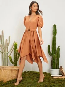 SHEIN Đầm Bất đối xứng Thắt lưng Nhẫn màu trơn Thanh lịch - trái cam - Xem 1