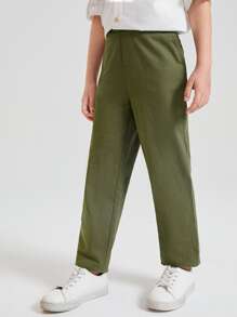 SHEIN Niños Pantalones con bolsillo oblicuo unicolor - Verde militar - Ver 4