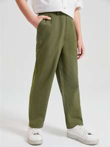 SHEIN Niños Pantalones con bolsillo oblicuo unicolor - Verde militar - Ver 5