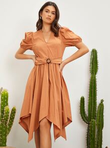 SHEIN Đầm Bất đối xứng Thắt lưng Nhẫn màu trơn Thanh lịch - trái cam - Xem 3