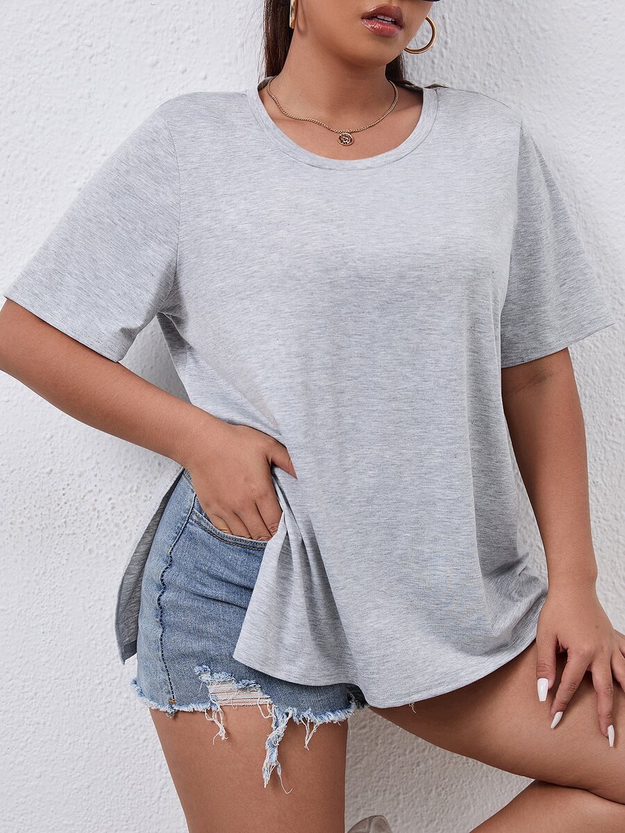 大碼素色開衩側T恤 - 灰色 - 查看 1