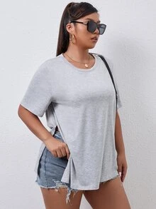 大碼素色開衩側T恤 - 灰色 - 查看 4
