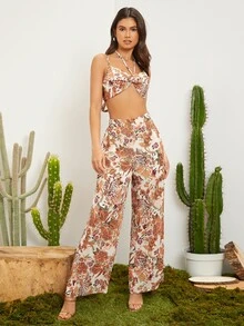 SHEIN Bộ đồ hai mảnh nữ Buộc lại Hoa Tất cả trên in Boho - Nhiều màu - Xem 4