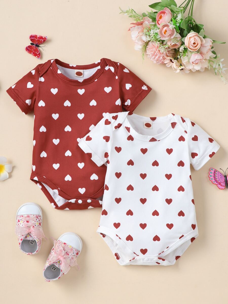 Baby Girl 2pcs Heart Print Bodysuit - Red and White - View 1